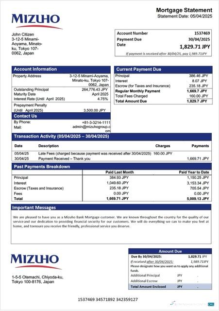 Download Japan Mizuho Bank mortgage statement Word and PDF template Photoshop template